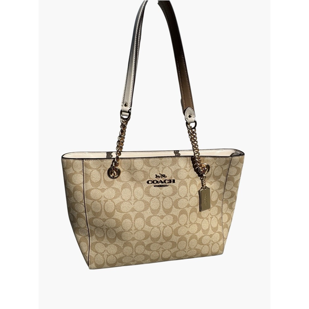 Coach Cammie Chain Tote Signature Canvas Light Khaki Chalk Gold Unused